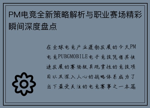 PM电竞全新策略解析与职业赛场精彩瞬间深度盘点 PM电竞全新策略解析与职业赛场精彩瞬间深度盘点